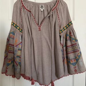 Ivy Jane Women's Embroidered Blouse - Greige with Multicolor Embroidery